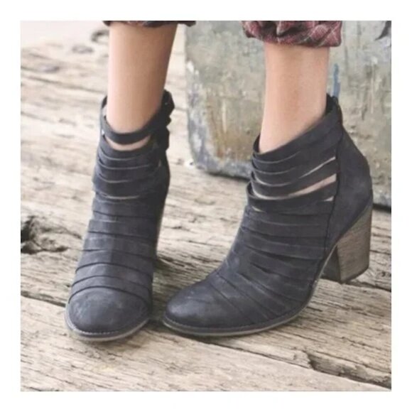 FREE PEOPLE Hybrid Nubuck Leather Strappy Ankle Bootie Navy Zip - Picture 1 of 9
